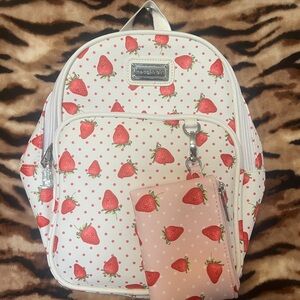 Madden Girl White Backpack with Red Strawberry Print and Pink Wallet